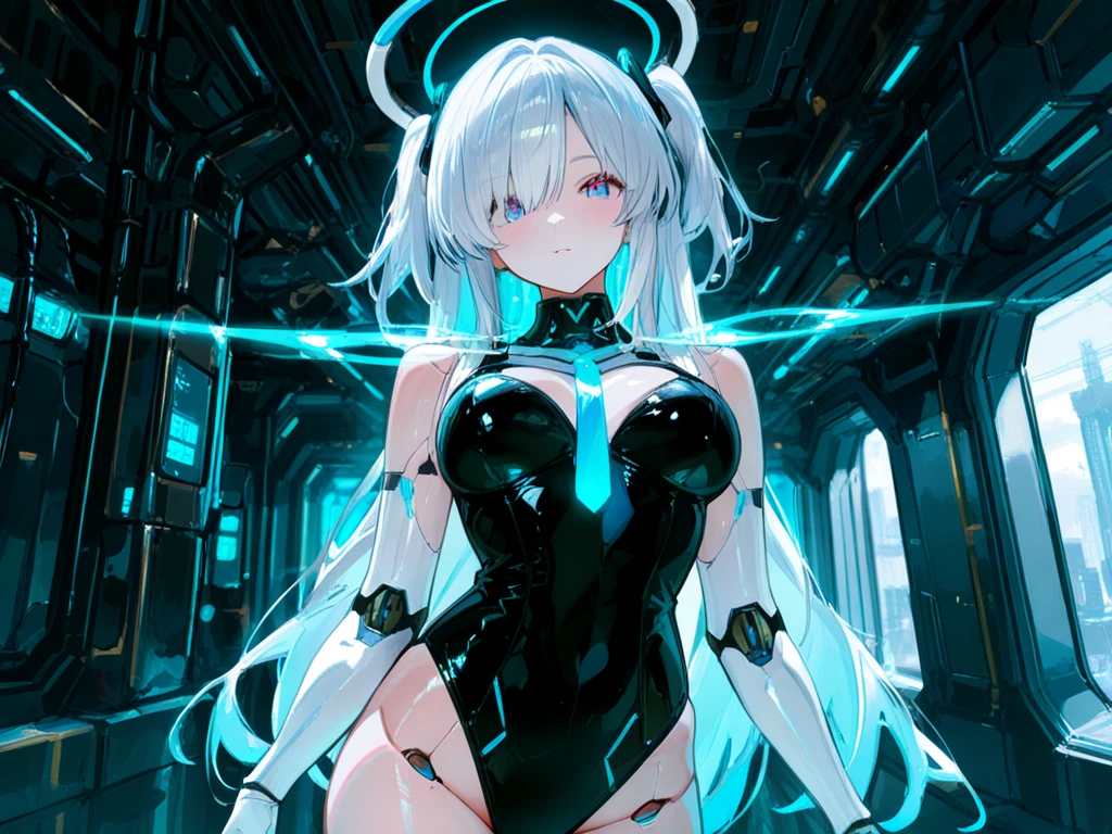 (quality)), ((masterpiece)), Recommended results、Puffy nipples、(see through:1.5)、straighten your back、abdominal muscles、huge bust、angle to floor:1.2、low camera angle、Hair loss on crotch,Hatsune Miku,super detailed)), (Very detailed的CG插画), ((extremely delicate and beautiful)),(1 white transparent mechanical girl)),alone,whole body,(Machine made joints:1.2),((mechanical limbs)),(Flashing blood vessel points connected to tubes),(Mechanical vertebrae attached to the back,with flowing glitter.),((Flowing rainbow fixed around neck)),perfect round face,(Wires and cables connected to the neck:1.2),(Rainbow wires and cables on the head:1.2)(Character focus),,Very detailed,rich and colorful,most detailed,white ceramic skin,long blonde hair,maidennurse,demon,,vampire