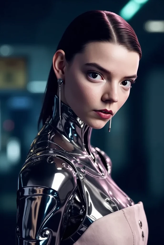 robot, gynoid, Ana de Armas, anadea69, (arma1:0.65), woman android, solo,   (looking at the viewer:1.1), (straight long black hair :1.2)  , (upper body:1.5), 
at night,  
action pose, colored skin
 glowing , metallic reflection, slick,  clear white skin, skin, smooth, 
[(
4K, 8K, highres, absurdres, sparks, 
motion blur, slow motion, low brightness,
muted colors, soft light, bloom, bokeh,
film grain, 85mm, focus,
<lora:FilmG2:0.66>
<lora:lit:0.5>
<lyco:GoodHands-beta2:0.75> <lora:uv:0.7>
 <lyco:Ana de Armas:0.29> <lora:AnaDeArmasv2:0.1> <lora:anaarmas2:0.25>
):8]
  <lora:cyborgbot:0.69>  <lyco:ColoredSkin-000019:0.7>