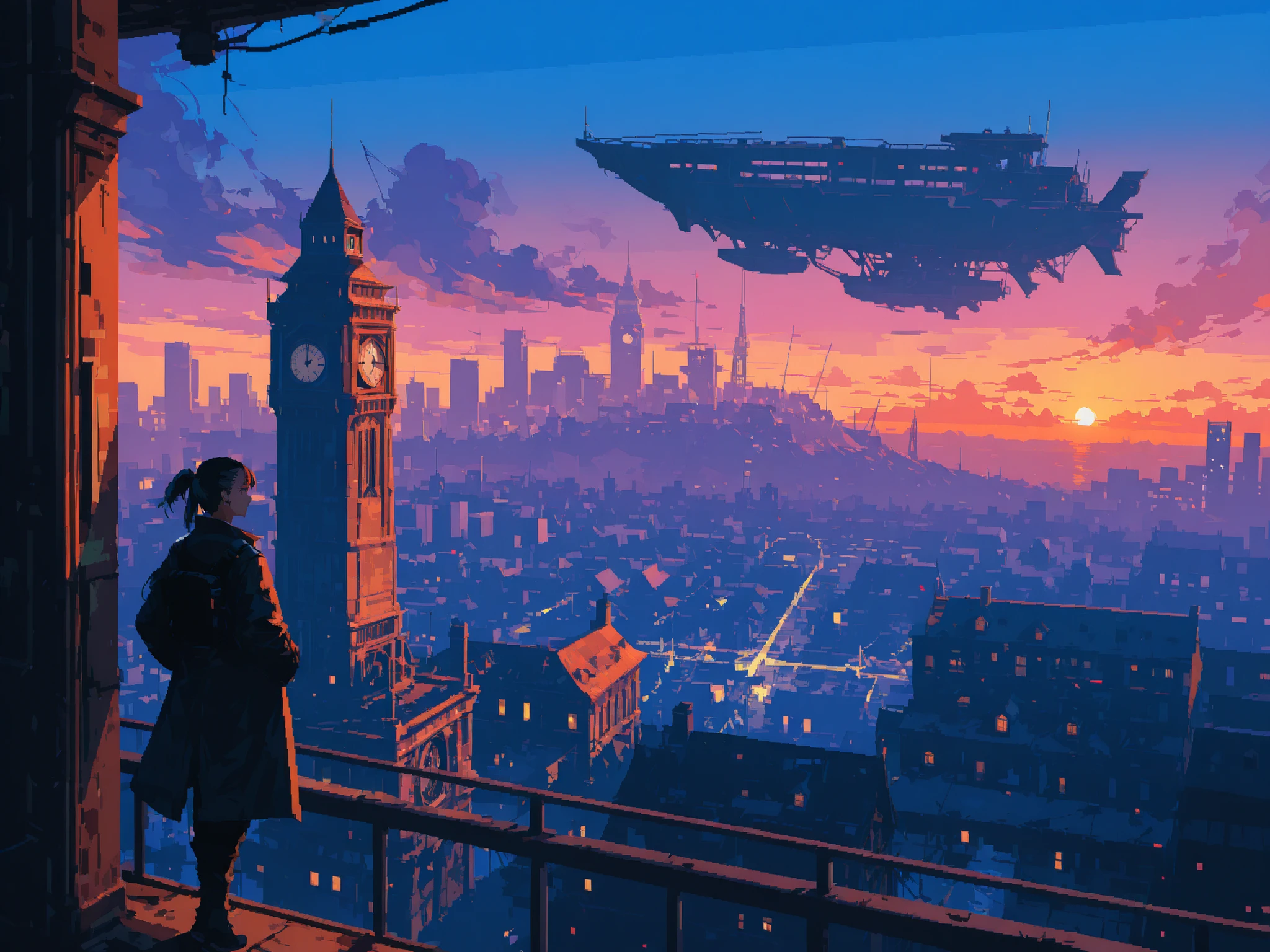 wide shot, cyberpunk-style town, traveler, cyberpunk-style airship, cyberpunk-style clock tower, cyberpunk world, twilight, pixel art