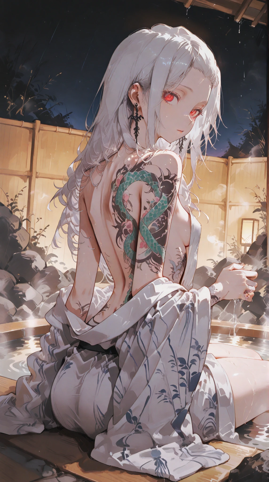 (masterpiece, best quality), 1girl, white hair, long hair, pink eyes, blossom, in hot springs, blossom, naked, in the , naked, facing backwards, two horn, tatto dragon, tatto back, black tatto, soak, tattoos all over the body,