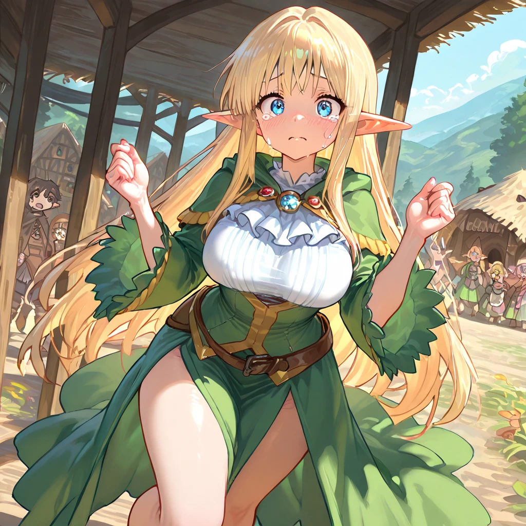 (tan elf:1.2), (high fantasy slave outfit ripped beige dress:1.2), (farm children:1.2), (high resolution:1.2), (huge boobies:1.3)
