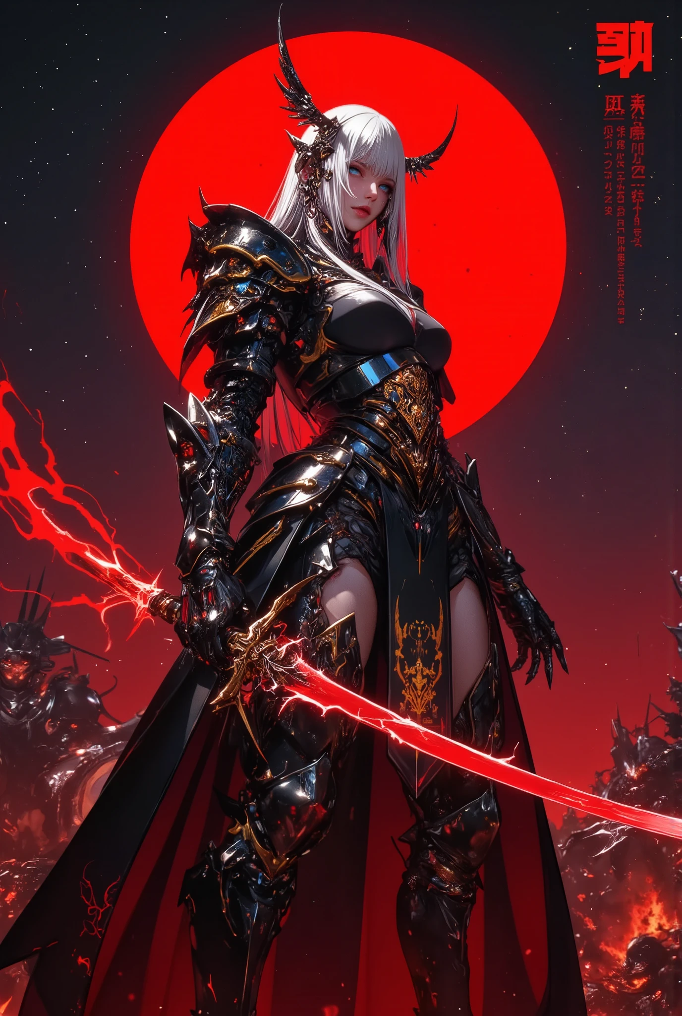 A Sophisticated Woman Wearing Black Armor and a Sword(( top quality)),( Ultra-fine ),(Super Detailed),( detailed description)(( highly detailed fantasy art ))), dark fantasy art , gothic art,Maxi Kit, full body, wide shot,BREAK、 Shiny silver hair with highlights , very long hair,,detailed face in the office, charming big blue eyes ,Shining beautiful eyes ,Beautiful skin, (( Super Real,3D), Jet Black Armor、and Battle Scene with a Sword ,( jet black armor , elaborate gold relief :1.5),, ARMOR DRESS , (winged helmet), Shoulder Pad, Gauntlet Over Prostitui, Shin guards, ( ( holding a giant red energy sword :1.3)), beautiful detailed background, Black Armor and Sword, red moon and star background ,Red Night Sky , (Alone:1.6 )