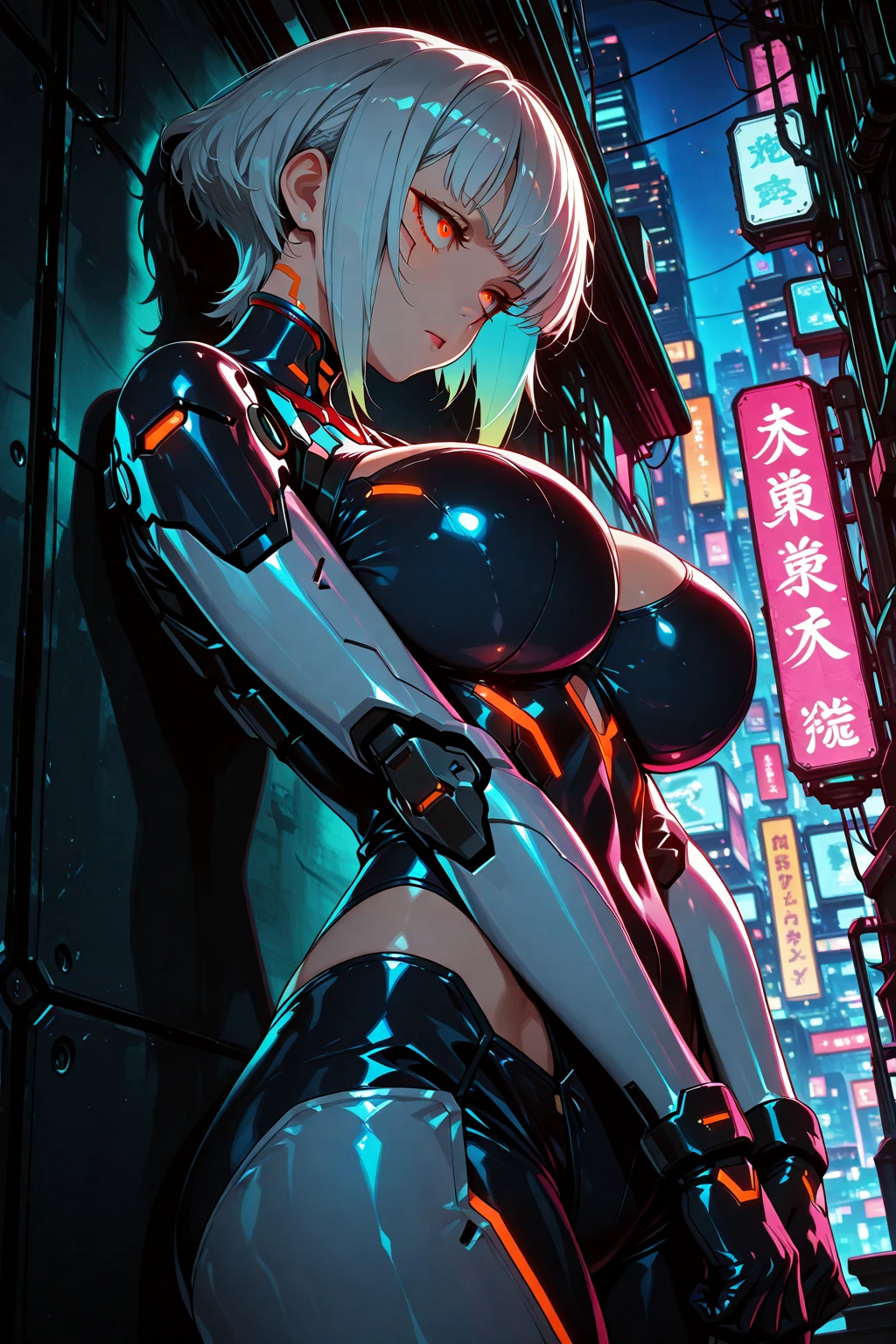 Masterpiece, high quality, 8k,((Mechanically synthesized girl)),Alone,full bodyesbian,(Machine made joints:1.4),((Mechanical limb)),(The blood vessels are connected to the tube), large breast, dynamic angle