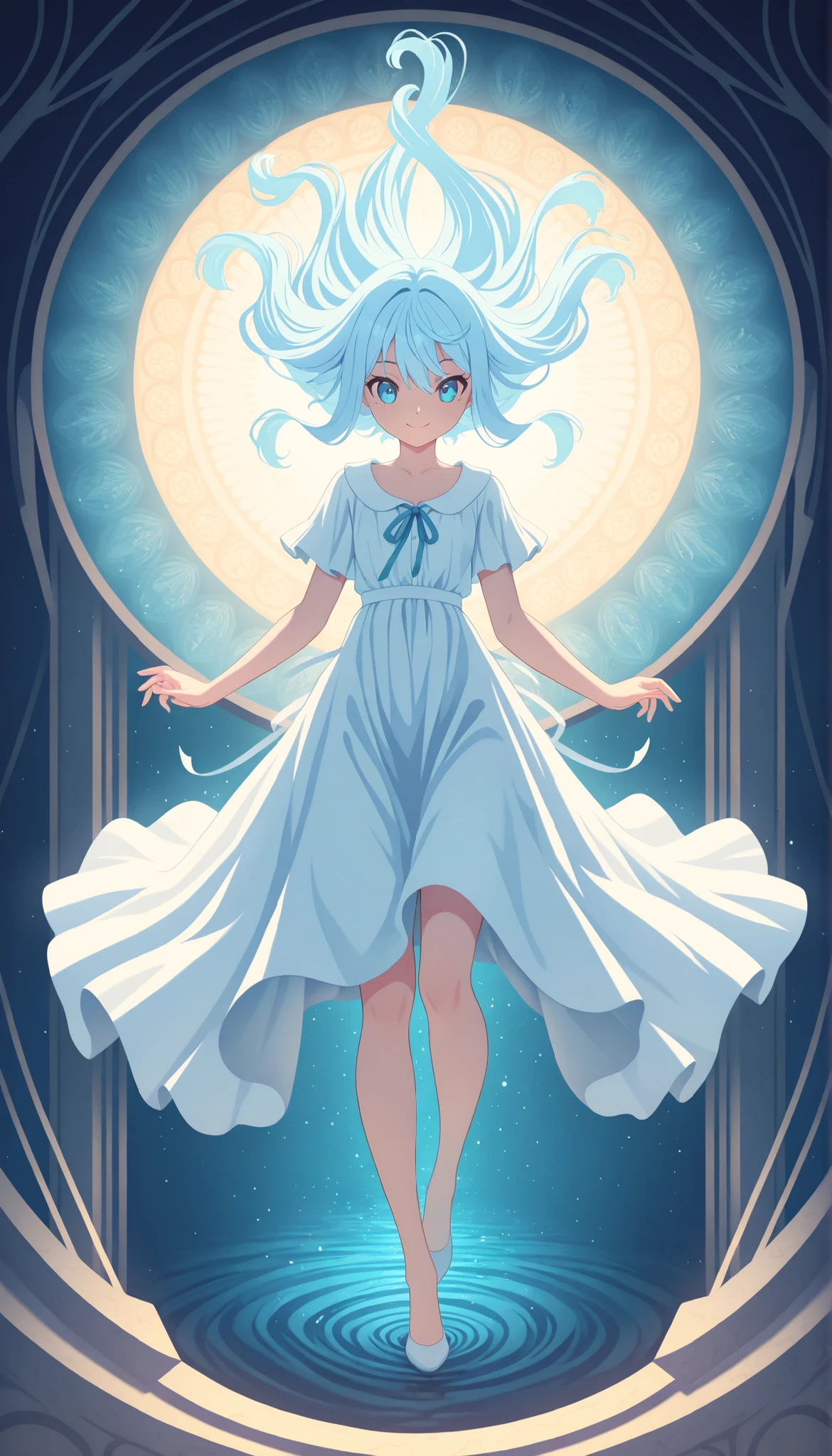 (masterpiece:1.2), (top quality:1.2), super high resolution, very detailed, perfect lighting, solo, Light Blue Hair, Semi-long, unkempt hair, Smile Yan, Full Body, otherworldly fantasy, cute, pastel color, anime style illustration,anime illustration, Calm sea background, ALISCOS , dynamic pose, Illustration with an ocean motif