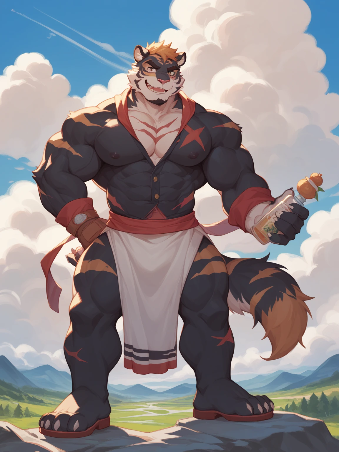 Un hombre lobo musculoso en tanga bailando en un tubo, de espaldas mostrando el trasero, estando en un antro 