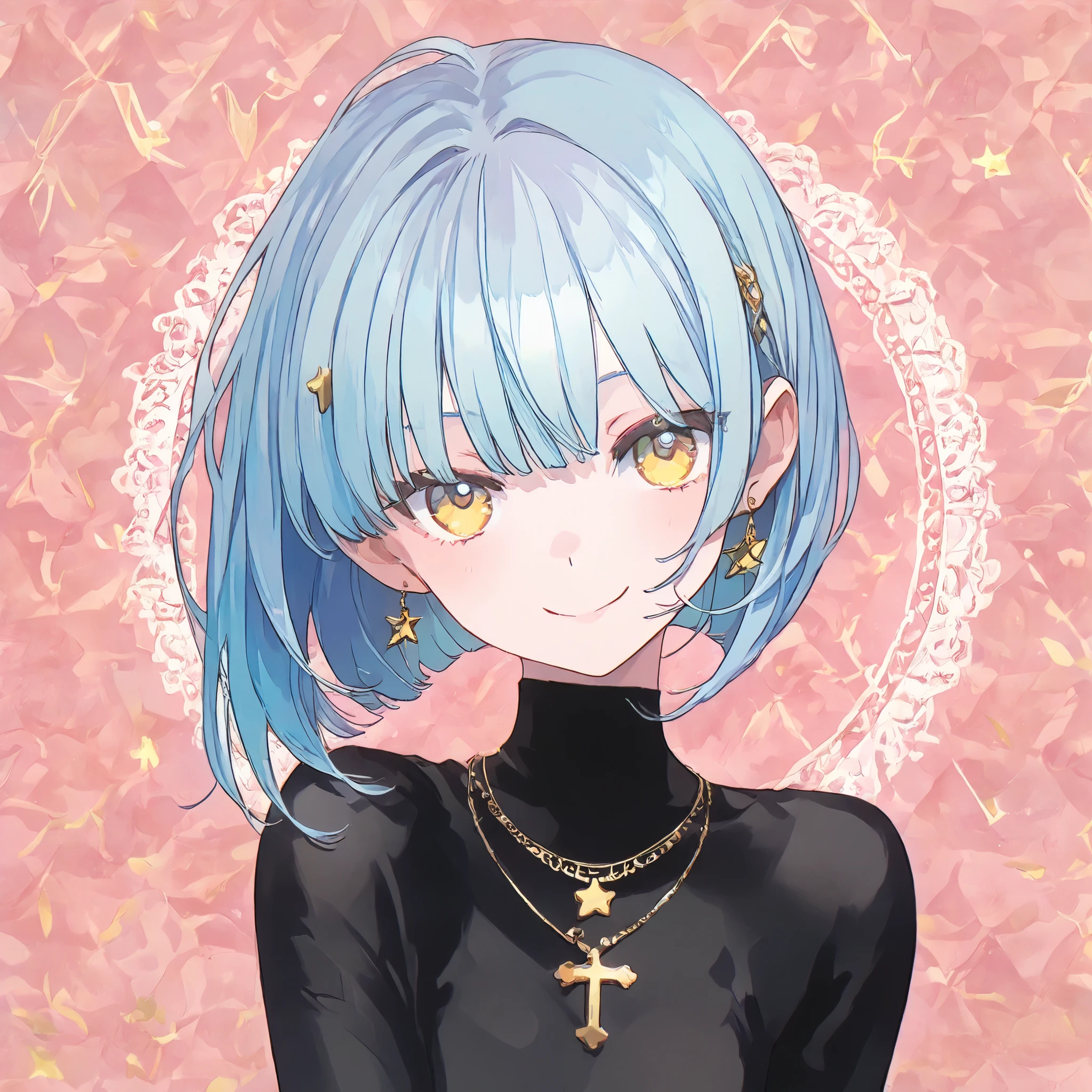 solo, Bright Skin, Yellow Eyes, light blue hair, bob cut, Bang,Smile Yan , Cute Fashion, ultimate quality, full face, upper body, Gal, good background ,