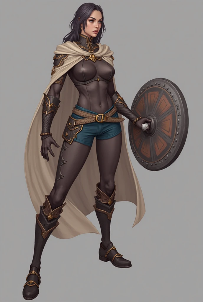 Create a full-body image of the Yoruba Goddess of the Rivers, Obá. A black, feminine woman with short braided hair. She is an Amazon in orange and white African clothing. She wears leather armor, with gladiator boots, carrying an iron sword in one hand and a small shield in the other. With a white background of a full-body cartoon-style character.