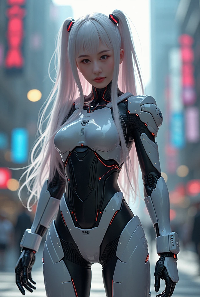 ((rooftop building: 1,3)), ((Japanese, alone, Medium shot, Rooftop walk in Harajuku, ((nighttime)), blur, neon light, Rainbow eyes, starry sky, Japanese ใบหน้าของเด็กสาววัย 18 ปีที่น่ารักมาก, human torso, human abdominal cavity, hiprobot, Human Arm, human leg, The limbs have a hard, shiny white shell and light pink joints., Very beautiful and feminine, long hair pink hair, , small breasts, show of division, Showing a pink shiny rubber armored abdomen., cyber cat ears, ข้อต่อrobotสีชมพู, Very stylish., Award-winning product design, White rubber tights, A shiny white metal breastplate opened at the cleavage., bottomโลหะสีขาวมีรอยย่น, And the armor looks stylish., Illuminated trims, full body, Fly at a medium speed,((robot)),((looking down)),((bottom corner:1. 3)), from below, looking at camera, hip、bottom、bend, ((A white shiny leather suit covers the entire body.)), ((stand fighting))