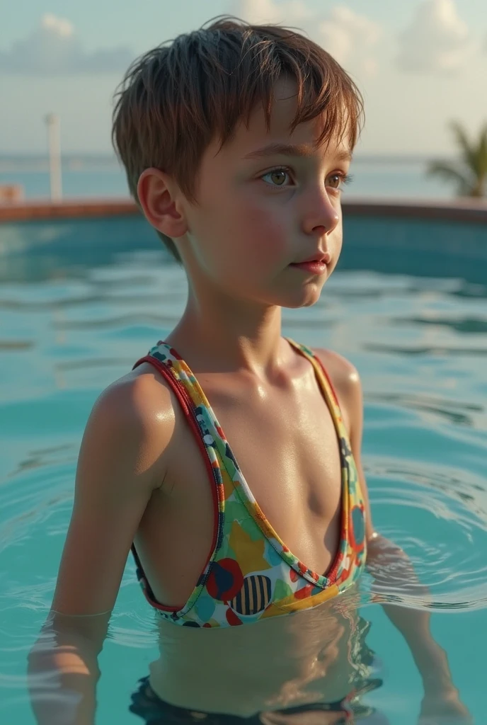 Cute kindergarten girl sweating while playing in plain white swimsuit in school pool,Soggy clothes