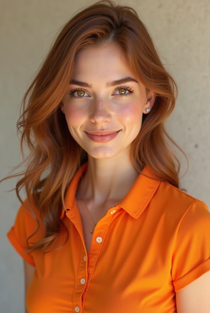 Screenshot of my hero academy, very beautiful girl, long orange curly hair with bangs and white highlights throughout her hair, cheerful expression and phosphorescent green eyes with small stars, freckles all over her face and a small mole under her right eye, He is wearing the UA uniform and in the background he has class 1-A, she is sitting at a desk 