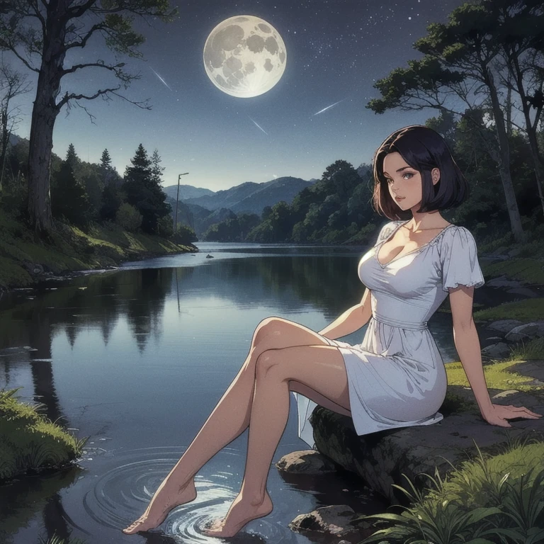 1 woman swimming naked in water pond, comply naked body ,long black curly hairy,very hairy vagina, moon ligth shinny night. Full body view, hairy arms,tan sking with blue eyes.