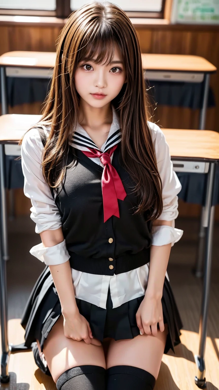 (reality: 1.4),highest quality, masterpiece, high detail, 16K quality, beautiful, 1 beautiful girl,japanese,super beautiful face,baby face,japanese idol face,cute face,super detailed face,detailed hand,beautiful skin,oily skin,big eyes,profeccional lighting,medium hair,black hair,brown beautiful eyes, big smile,standing, (skirt lift),big breasts,(sailor suit),(checked skirt),white panties,(showing panties:1.5),black high socks,spread legs, she is looking at the camera,classroom, nsfw,from below,