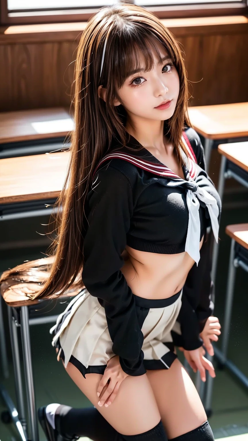 (8k、born、Professional、Highest quality、masterpiece:1.2)、(Genuine、Realistic:1.37)、Very detailed、(18-year-oldの女性のポートレート)、(高いest Detail Skin:1.2)、(高いest detail face:1.2)、1 Female、18-year-old、Black Hair、Long Hair、Twin tails、Hair Ribbon、Big ribbon、日本の女子高bornセーラー服、(The wind blew up her pleated miniskirt., Revealing white lace panties)、Sunset sky、The cityscape at dusk can be seen in the distance、Golden Hour