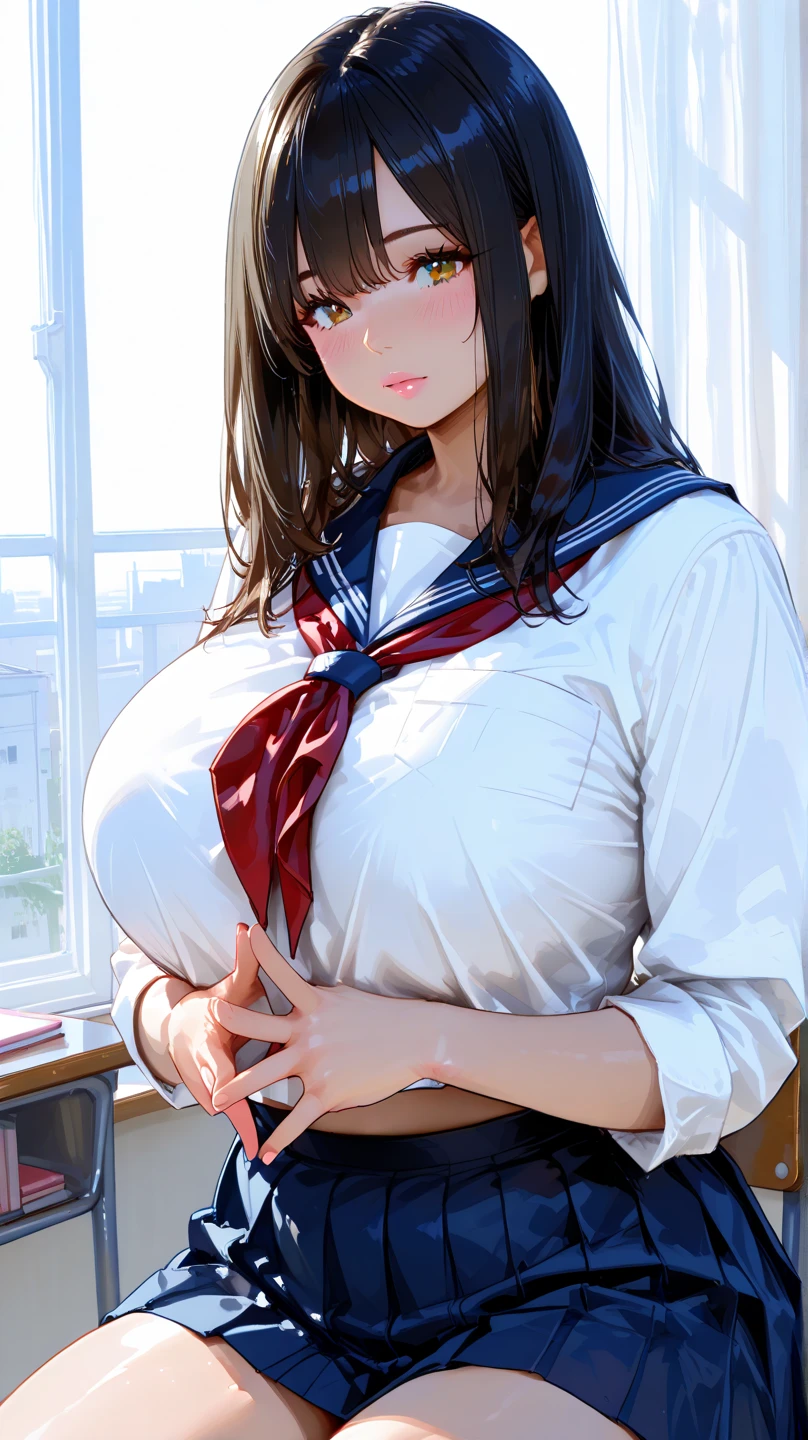 (8k, highest quality, Tabletop:1.4), (Intricate details:1.3), (Realistic), (Super detailed), One Girl, alone, （Married women、40s）、Beautiful woman、Mature Woman, Front view, (Leaning forward:1.2), Showing cleavage, View Viewer, Nankoku Resort, Detailed long hair, (Fluffy long black hair), Fine grain,, Hourglass-shaped body shape, (Sensual curvaceous body:1.1), (Huge breasts), Thick thighs, Wide Hips, Narrow waist、( uniform)，(Sexy Sailor Suit )，(Pleated mini skirt)、Realistic lighting, Natural soft light, Dynamic Lighting