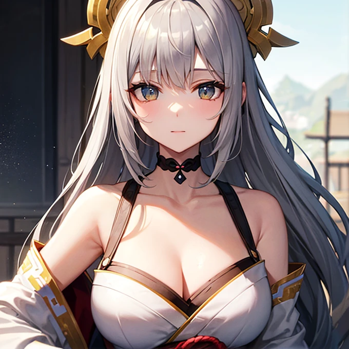 female, busty, hair ornament, crown, smile, look at camera, ((white hair)), blue eyes, armor, ((long hair))