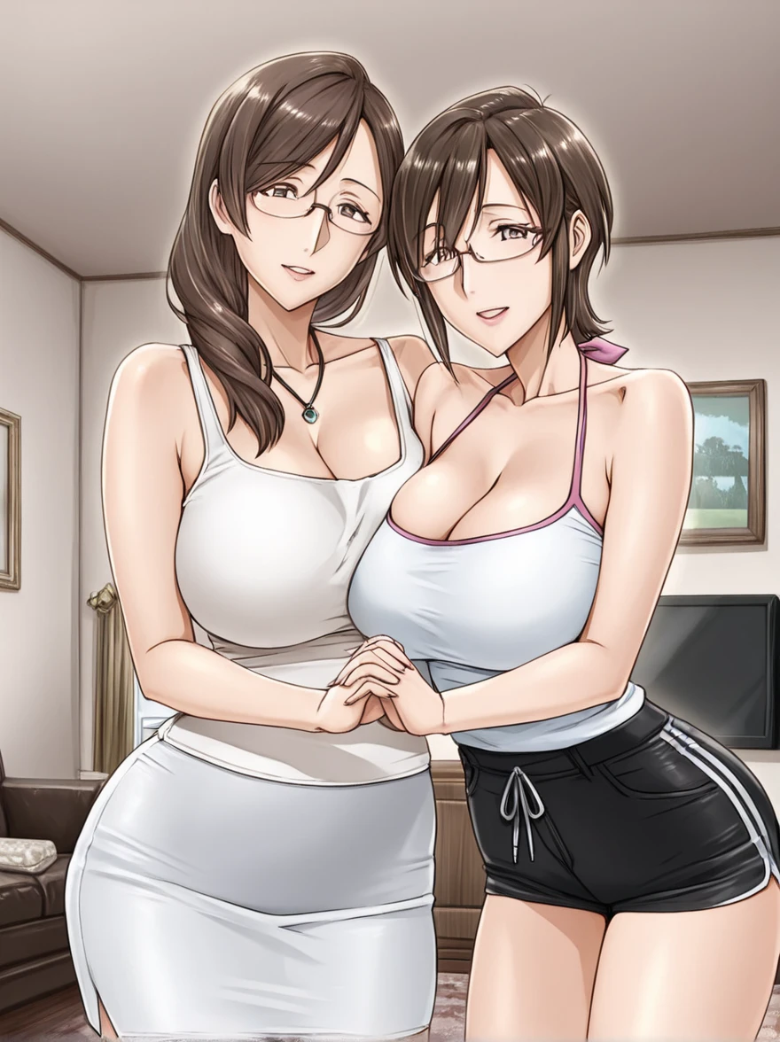 nsfw,(masterpiece, best quality:1.2)2girls, locker room, AND 2girls, gray sports bra, smile, eye closed ,kissing her face,out tongue,dark orange hair, short waviy hair, brown eyes, glasses,yuri AND 2girls, pink bra, smile, eye closed,kissing her face,out tongue,black hair, medium hair, brown eyes, glasses,yuri,