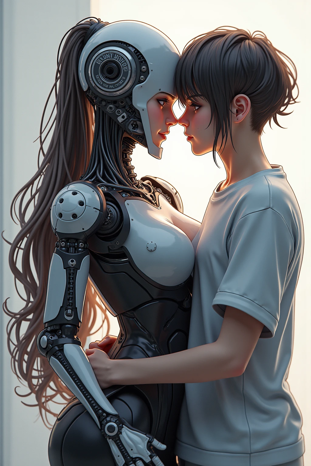 A femal humanoid kissing a male human