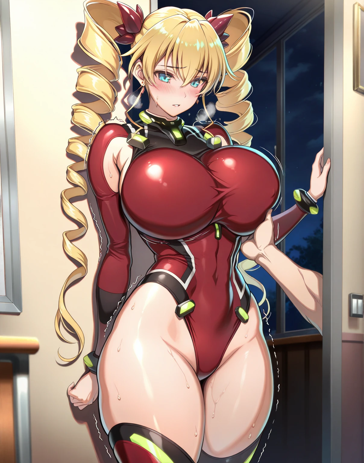 Best quality, solo mature woman, giant breasts, giant ass, very curvy, blonde styled hair, Mavuelous pink eyes, full lips, seductive, ribbon in hair, choker, sexy fishnet bodysuit, silver hoops, thick thighs, curvy physique, (((accurate anatomy))), ((wide hips)), (((Huge breasts))), ((long legs)), ((Massive Female Bodybuilder)), ((((Muscular Legs)))), ((((Huge Muscles))))