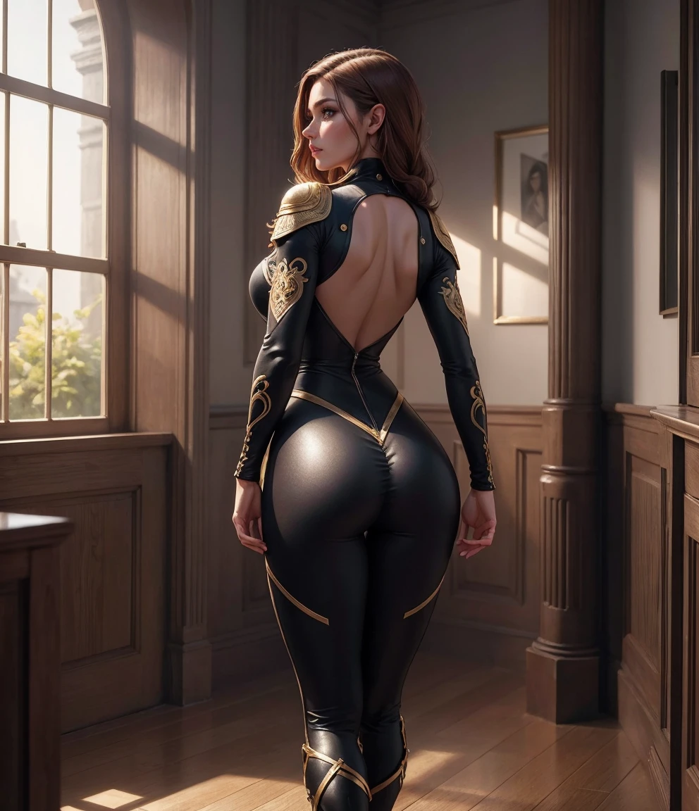 masterpiece illustration, best-quality, ultra_detailed, 1girl, dominatrix, curvaceous, highly detailed face and eyes, large_breast, ample curves, mesmerizing accentuated detailed big booty with phenomenal detailed round booty cheeks, great aesthetics, dressed in a ballroom miniskirt, gold and black embellishments, hyperdetailed portrait, hi-res, asymmetrical, cinematic lighting, ultra quality, ultra-fine illustration, realistic, unreal engine, hyperrealistic,