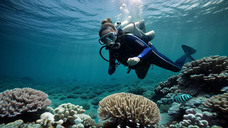underwater image of a diver near coral