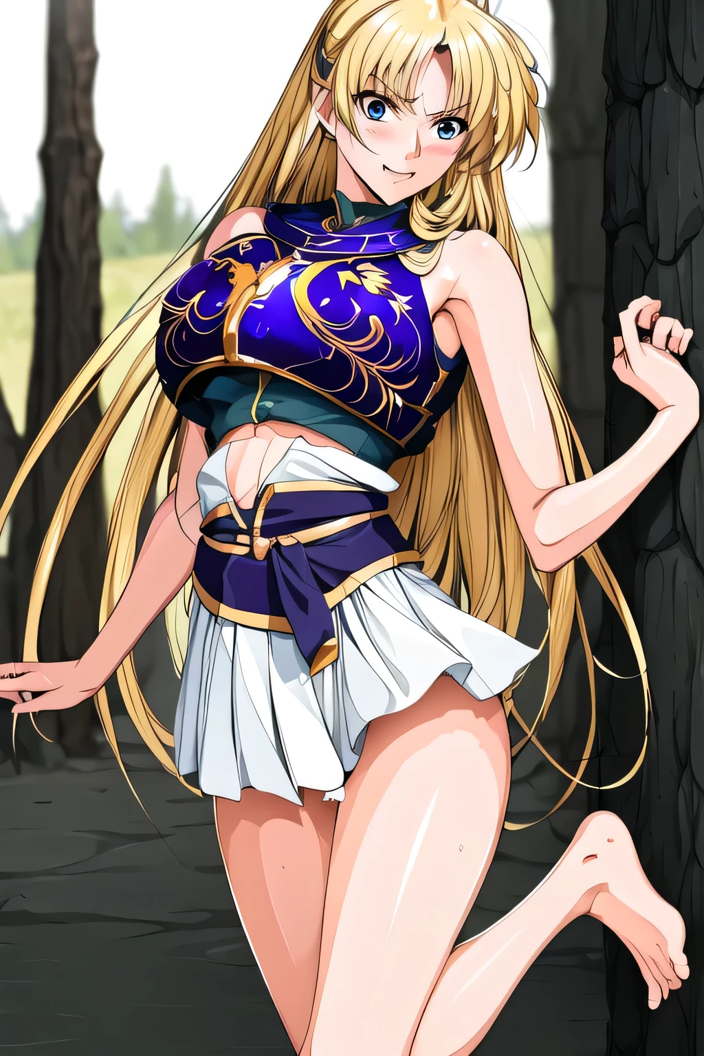 can you draw a figure of suddenly being restrained,wear boots,face is absolutely necessary, can you draw a picture of a woman holding a sword,can you calculate and draw her face even if she has big breasts and a thin waist,Please draw hands and feet accurately,Beautiful Legs,Alone,please draw a more delicate expression ,I'm in the woods ,face is absolutely necessary,Forest bathing,can you draw a woman walking in a quiet forest,A woman with a lovely smile,can you draw a picture of a person standing,パンティはminiskirtで隠れてます,long blonde,Smile, Please draw your expression delicately ,,{{Medieval knight Brooke}},Barefoot,big chest but thin waist,miniskirt,white panties,Around the sword,it's important to draw 5 fingers accurately,Beautiful Legsを正確に描く,Sexy 30 year old,If possible, I want to see my whole body ,can I calculate and draw her face so as not to break a rhinoceros,It's a pity to cut her face, I have to give up my job,