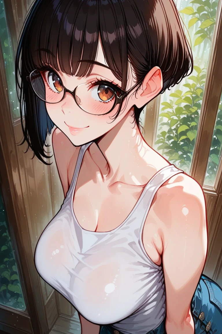 (Best Quality, Ultra-high-definition 8K CG rendering, masutepiece, High resolution, Extremely detailed, Natural lighting,
1 girl, Junior high school girl, Solo, Dark hair, Straight short hair, Light brown eyes, hair adornments,wearing black glasses, Cute face, No breasts), See-through camisole dress