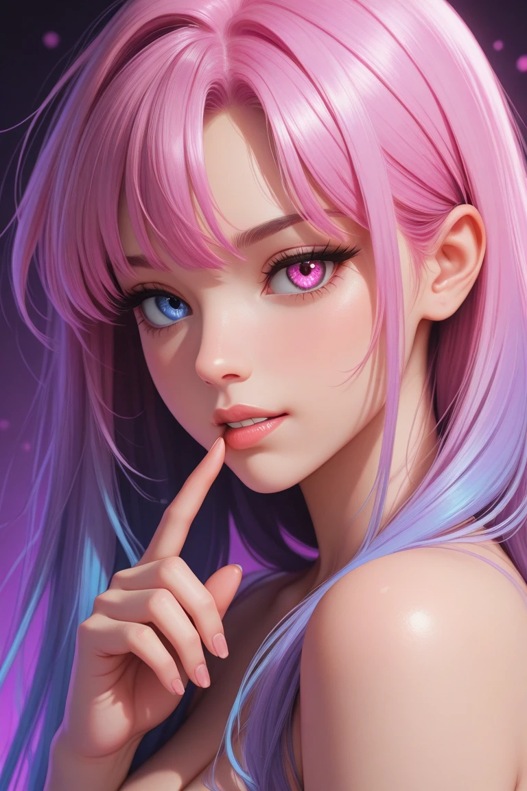 (best quality,highres,ultra-detailed),realistic,portraits,Asian girl,deep green eyes,detailed eyes,lips,tattooed arms,pink hair,elegant purple dress,purple shoes,big bust,big bottom