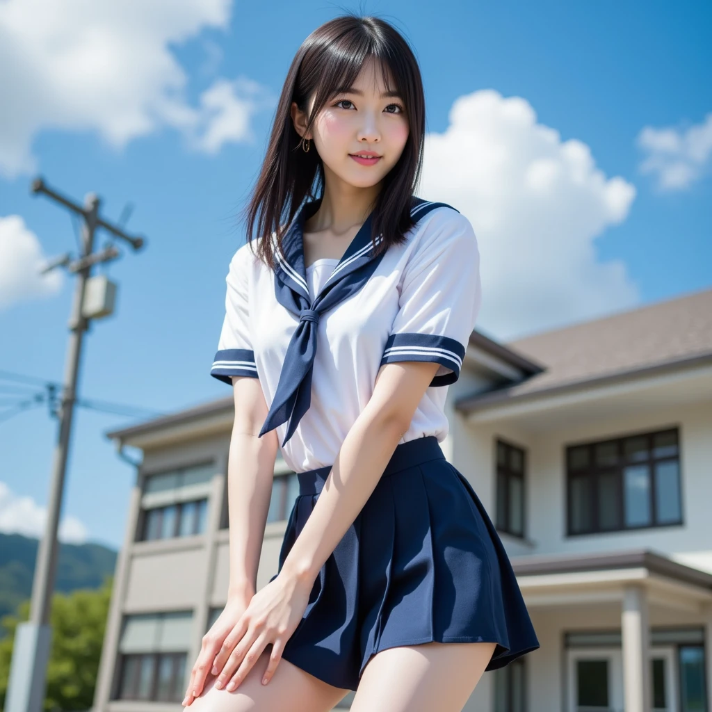 (Realistic, photo Realistic:1.2), ((highest quality)), Return the center of gravity, Quite embarrassing, White panties, (Showing panties:1.4),Tight Skirt, (Panty shot:1.3), (Pull-up skirt:1.3), (Squat:1.4), Place your heels on the ground, spread your legs a little, Squat with your knees up, Put your butt on the ground, black penny loafers, beautiful facial details, Real human skin, Gentle expression, Front view, angle From below, Realistic, photoRealistic, cute, Short skirt, Squat deep on school grounds, cute school girl, Japanese school girl uniform, Sailor suit, whole body,smile, natural smile, charming smile, enchanting smile, (Looking at the audience:1.2), from before, From below,