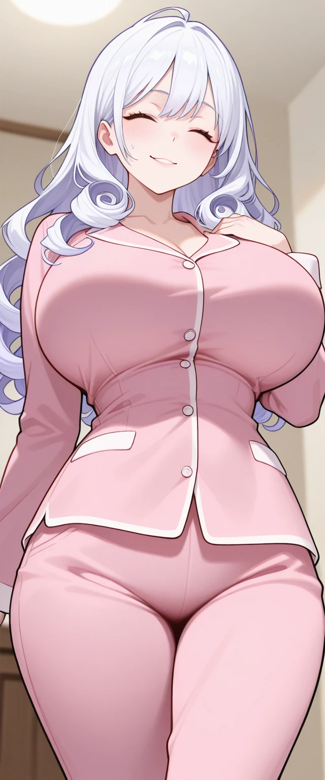 1 girl, white long hair, very big breasts, sexy body, smiling and blushing, wearing a kimono that shows cleavage