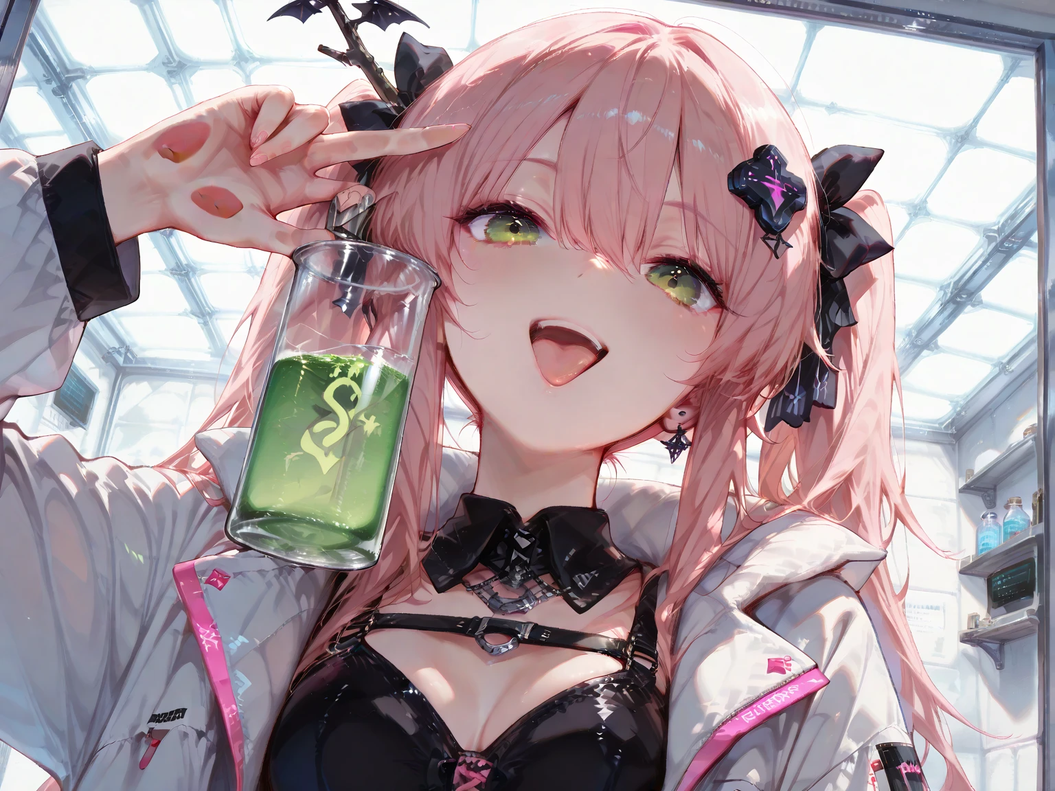 tmasterpiece, beste-Qualit, overdetalization, Beautiful lighting, 1girl, goth, long pink hair, hairlong,Pink fox ears,pink eyes, black eyeliner, black eye shadow,black lips, body piercings, collar with spikes, looks at the viewer,T-shirt with a skull, black jeans,Spiked choker, Hairpin on the video of the crock
