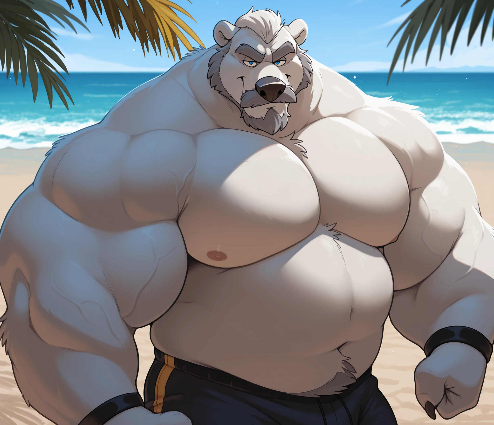 Best quality, Super detailed illustration, cartoon illustration, ultra high 4k quality, ((masterpiece, best quality)) by Disney, by Disney, anthro Polar Bear,, large huge bulked up muscular polar bear in Californian beach, big grunting noise, big bulked up flexing body, polar bear, huge white fur, thick arm, huge arm, added gray mustache, added gray beard, short white hair, Height: 7’8, weight: 440lbs, (veiny bulked up muscular, pectoral, wide pectoral, thick bulky arms), detailed gray eyebrows, detailed blue eyes with blue pupils, (wearing black short trunks, wristbands, shirtless, topless, half naked and feet), flexing. Seeing how strong he is. Back arched. Shoulders up, roll forward. Elbows out. Forearms at a 30 degree bend. , male, solo, one character, furry character, furry male