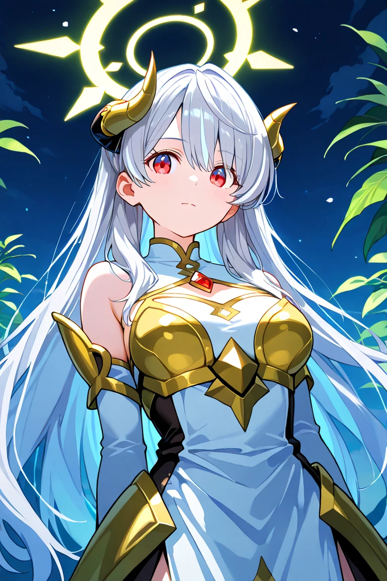 panoramic ((A paradise of unparalleled beauty)) (many Mythical Beasts ), and (in a detailed white dress), (solo straight silver hair long hair immensely cute lady, 20 yo, lovely half-closed red eyes, big tits, lovely smile), head is detailedGold Circlet, BREAK, perfect anatomy, masterpiece, best quality, 16k, beautiful detailed grow, daydreaming expression, break, ((background a The Mana Tree of Legend))