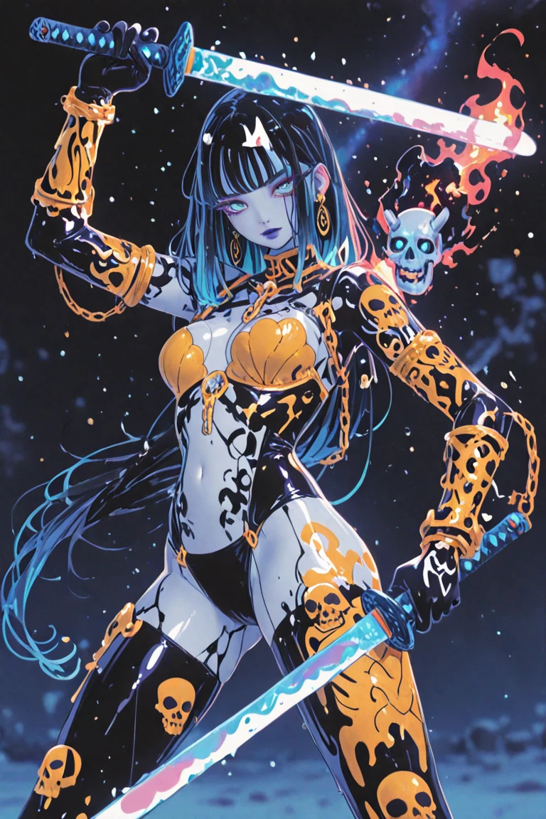 ( High quality , Ultra-detail, carefully with your hand )tarot card, chiaroscuro technique on sensual illustration of an queen of sword, a teenage fashion model wearing an exo-skeleton mask, vibrant colors, futuristic cyberpunk style, intricate details, cinematic lighting, dramatic pose, an elegant complex bio mechanical onyx and gold, intricate details, official art, unity 8k wallpaper, ultra detailed, beautiful and aesthetic, (in a room with black walls illuminated by violet neon lights :1.1)
