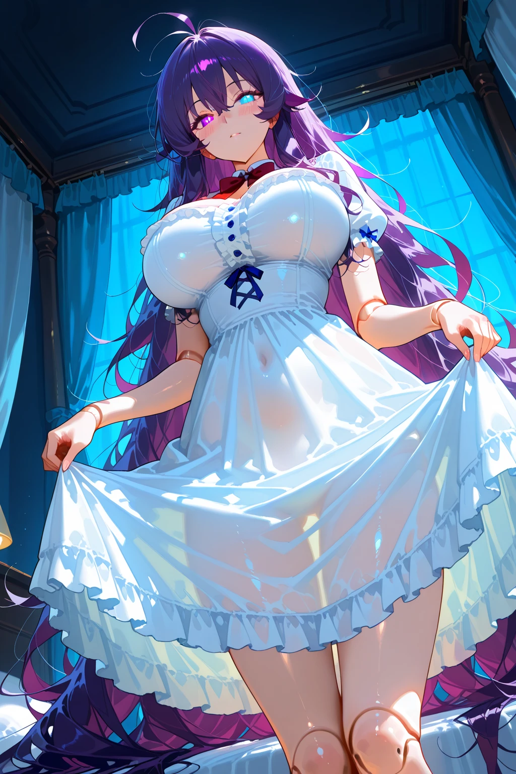 source Anime, score_9, score_8_up, score_7_up, Masterpiece, Best quality, very high resolution, Latest, very aesthetic, Great quality, High resolution, shonen anime style,
canopy bed, dark room, Dutch angle, from below,
1 girl, puppet girl, purple hair, absurdly long hair, messy hair, heterochromia, glowing blue eyes,
big breasts, ball joint, the joints are spherical,
doll dress,
blush,
curtsey,