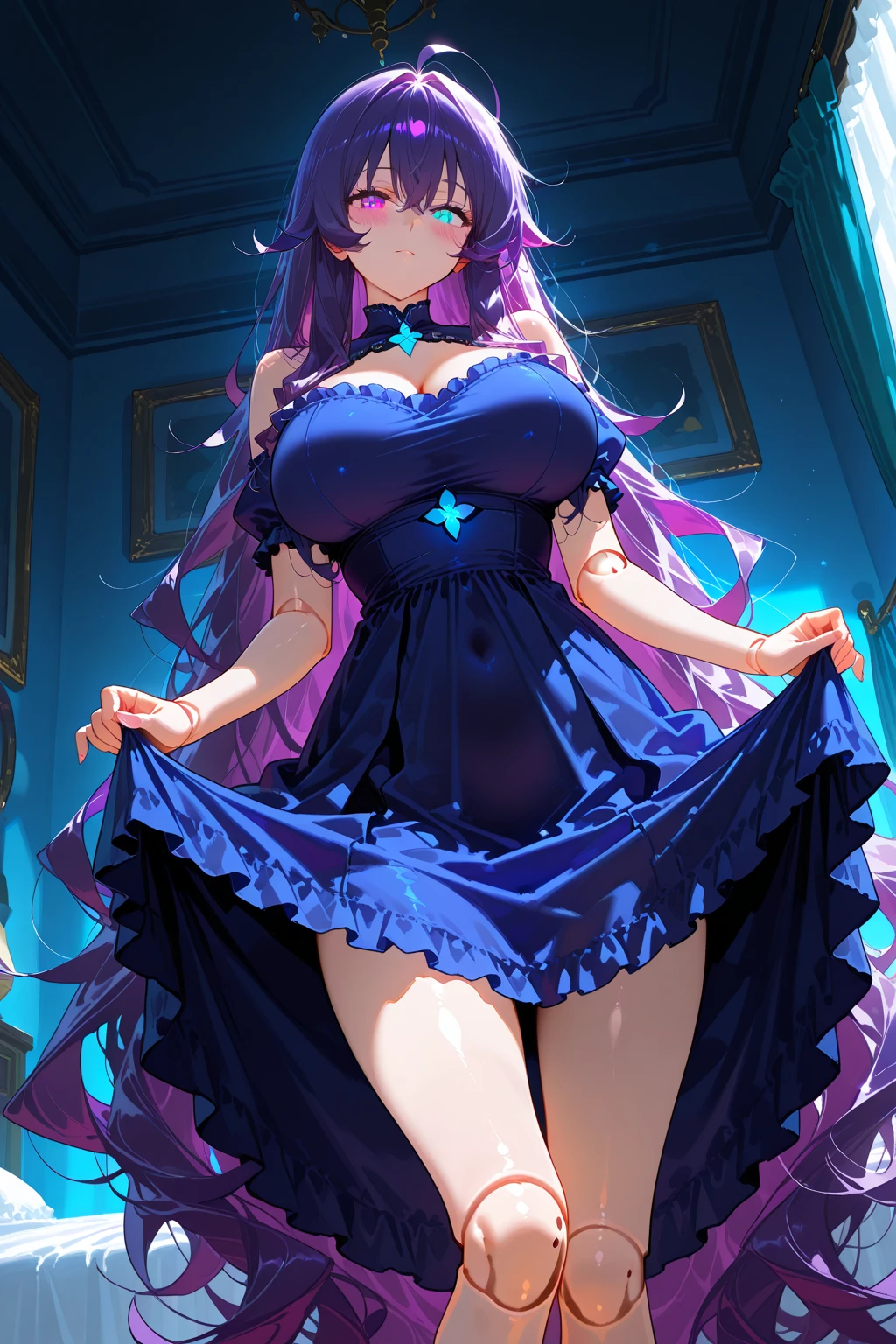 source Anime, score_9, score_8_up, score_7_up, Masterpiece, Best quality, very high resolution, Latest, very aesthetic, Great quality, High resolution, shonen anime style,
canopy bed, dark room, Dutch angle, from below,
1 girl, puppet girl, purple hair, absurdly long hair, messy hair, heterochromia, glowing blue eyes,
big breasts, ball joint, the joints are spherical,
doll dress,
blush,
curtsey,
