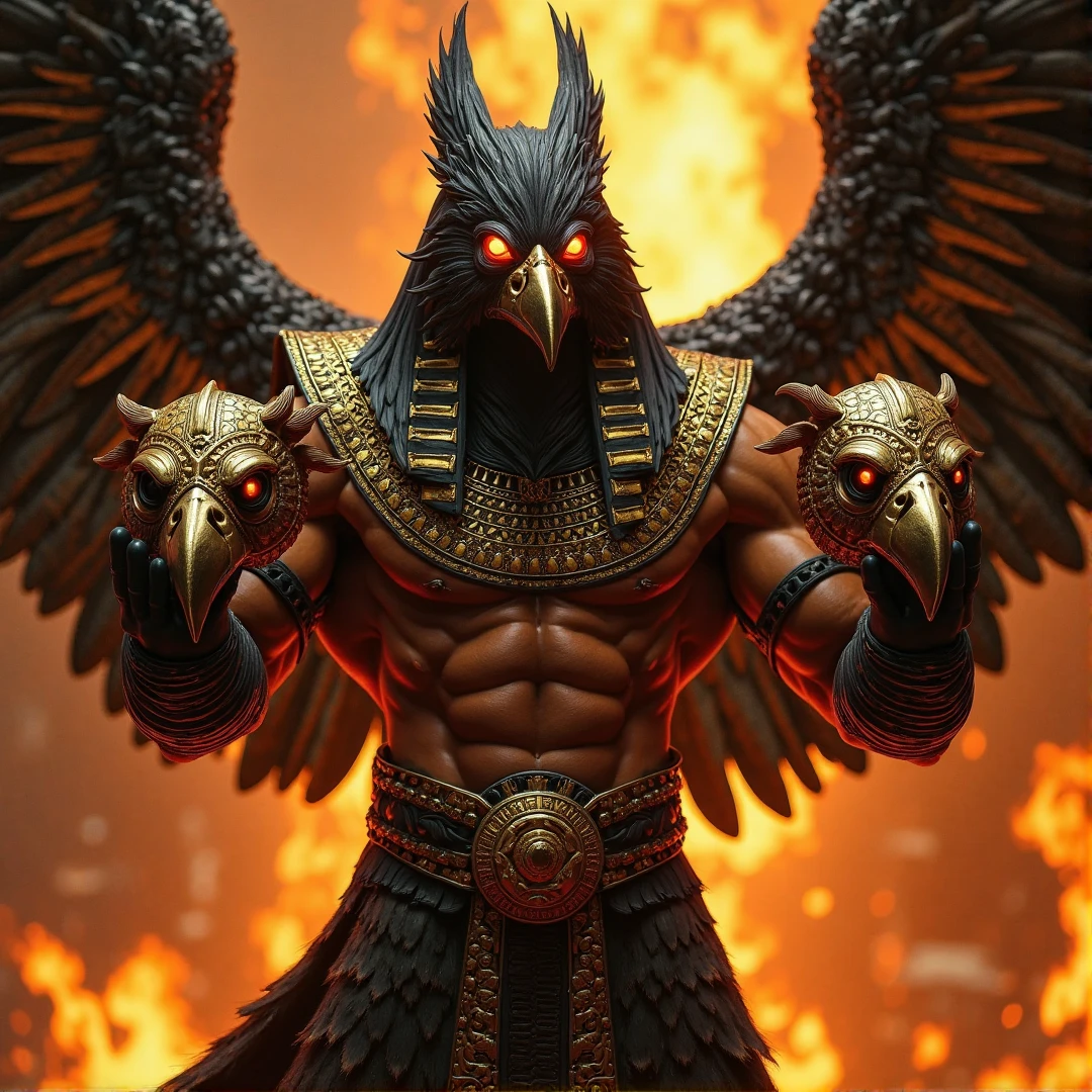 Create the image of the god Horus, God with the head of a hawk and the body of a man, deus forte e poderoso do antigo egito