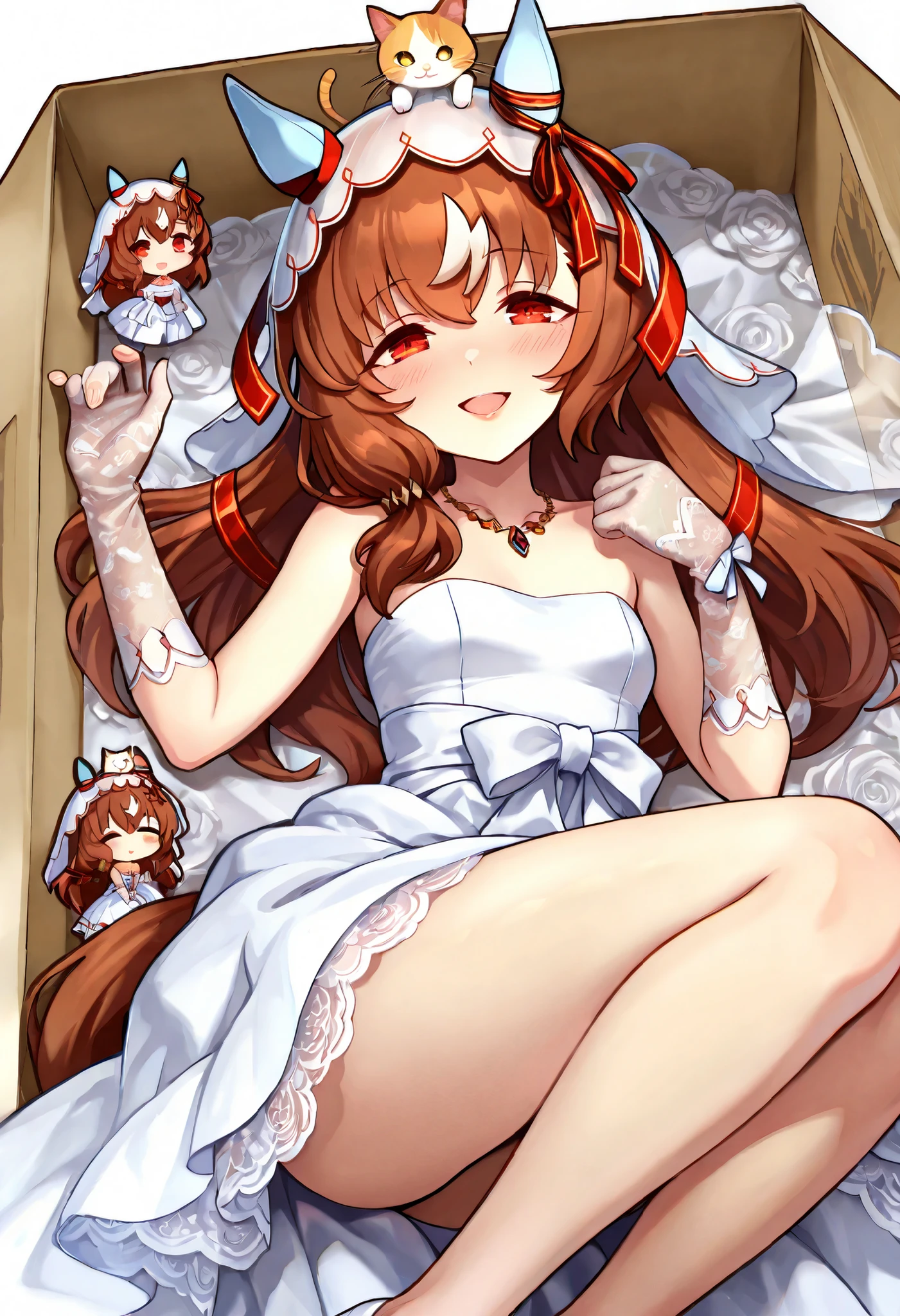 (((chibi))), (masterpiece, best quality, perfect face:1.4), wide angle, Still in Love \(umamusume\), brown hair, red eyes, long hair, streaked hair, horse ears, ear cover, ear ornament, veil, red hair ribbon, small breasts, horse tail, tail on the lower back, proportional body, proportional,1 girl, beautiful hair, beautiful face, beautiful detailed eyes, beautiful clavicle, beautiful body, beautiful chest, beautiful thigh, beautiful legs, beautiful fingers, looking at viewer, BREAK, beautiful bride wearing beautiful wedding dress, (bridal veil:1.5), (Transparent short veil:1.5), (tube top wedding dress:1.5), (Silk dress:1.2), (Strapless wedding dress:1.5), pure white dress, necklace, lipstick, (lace gloves:1.5), long white dress, ((cat on top of head)), ((lying in cardboard box)), (box labeled "amazon"), BREAK, blush happy smile (open mouth), white background,