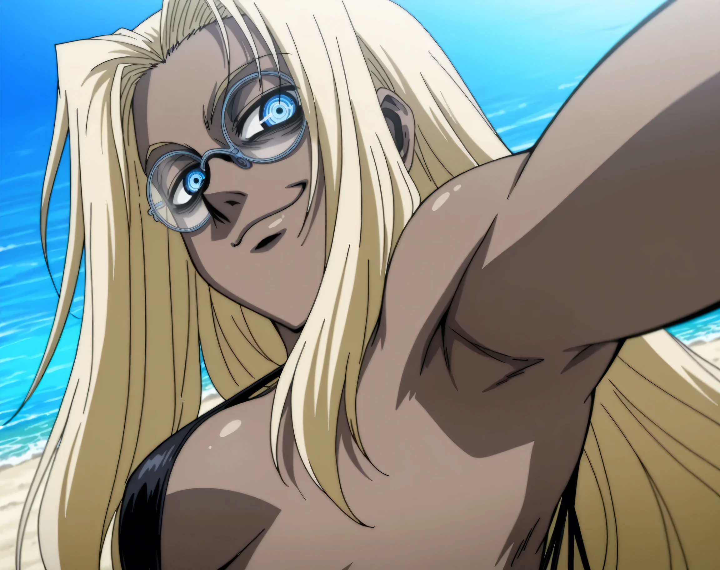 masterpiece, best quality, amazing quality, anime screencap, anime coloring, 1girl, solo, Hellsing_style, IntegraHellsing, mature female, blonde hair, forehead, very long hair, dark skin, blue eyes, small breasts, glasses, black slingshot swimsuit, skinny, armpit, armpit focus, head towards viewer, looking at viewer, direct eye contact, half-closed eyes, evil smile, confident, closed mouth, outdoors, day, beach, from side, from below, armpit up close, close-up of armpit 