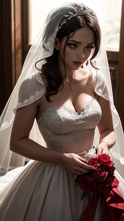 arafed, high details, best quality, 16k, [ultra detailed], masterpiece, best quality, (extremely detailed), dynamic angle, ultra wide shot, RAW, photorealistic, a wide angle picture of a vampire bride biting her groom, a [female vampire] bride (best details, Masterpiece, best quality) vampire female in a white wedding gown with bloody gown (best details, Masterpiece, best quality: 1.5), best detailed face (best details, Masterpiece, best quality: 1.5), ultra feminine, grey skin, red haired, long hair, wedding hair cut style, blue eyes, intense eyes, wearing white latex wedding dress bloody gown (best details, Masterpiece, best quality: 1.3), wearing white high heels, in the honeymoon suite (best details, Masterpiece, best quality: 1.4), biting the the groom, bloody face, BREAK a beautiful human man (best details, Masterpiece, best quality: 1.5), ultra detailed face (best details, Masterpiece, best quality: 1.4), wearing a wedding tuxedo (best details, Masterpiece, best quality), honeymoon suite background, Ultra-Wide Angle, high detail, award winning, best quality, HD, 16K, 3D rendering, high details, best quality, highres, ultra wide angle, 3D rendering, [[anatomically correct]]