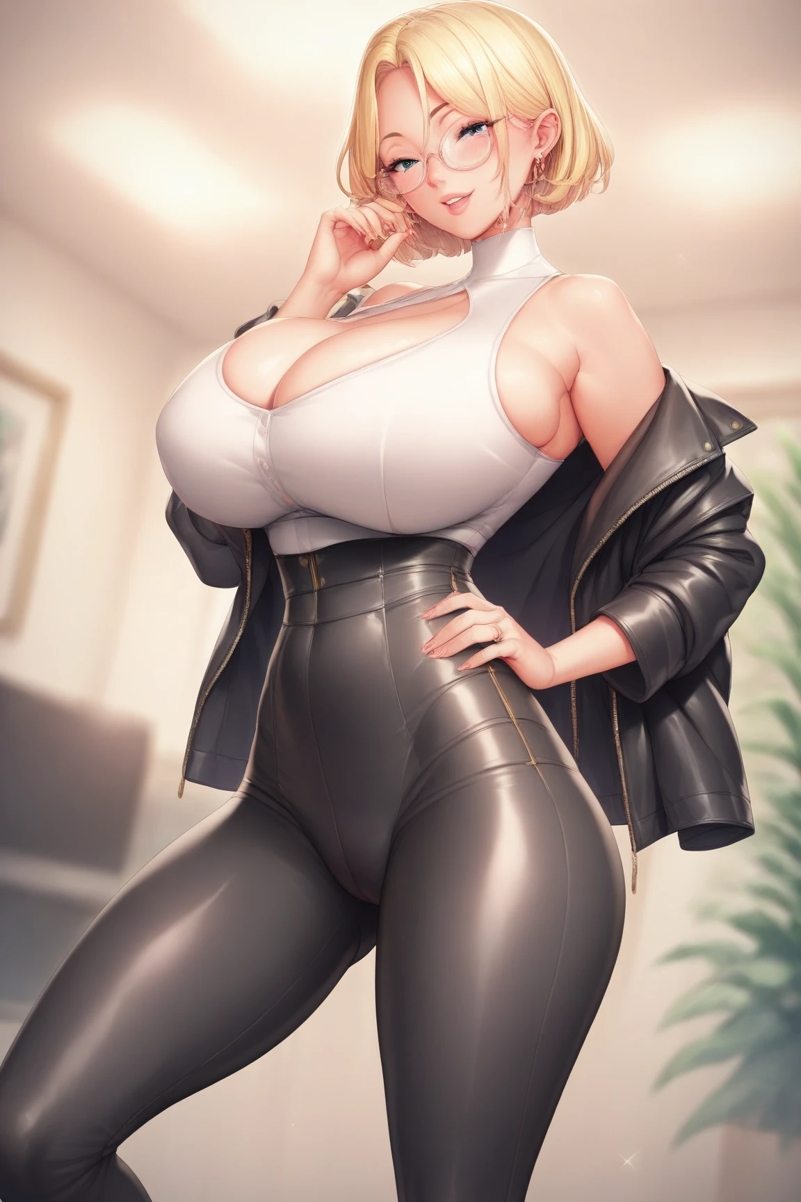 A tall woman, sexy, big breast, beautiful, happy, confident, affectionate, with short bright blue hair and orange eyes, wearing a white sleeveless button-down shirt, showing her navel and dark blue pants underneath, and wearing a red kitten heel.