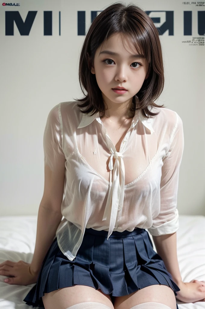 Tabletop, highest quality, One Girl, (nsfw,Beautiful girl, Delicate girl:1.3), (14 years old:1.3), Very fine grain definition, (Symmetrical eyes:1.3), night, ( White shirt,wear:1.2), Flat Chest, Brown eyes, Parted bangs, Brown Hair, Upper teeth, (Eyes and facial details:1.0), (RAW Photos, Film Grain, chromatic aberration), (Bokeh: 1.1),,sheer,wet,