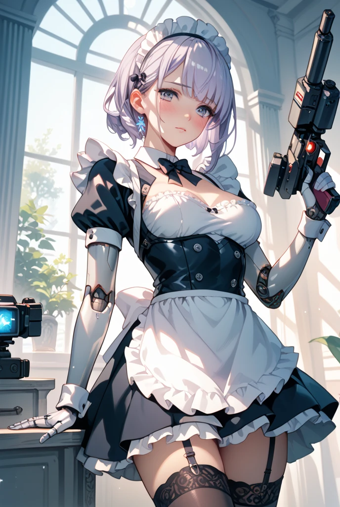 (8k, Realistic, RAW Photos, Highest quality, (from below:2), View your viewers: 1.3), (Fox Girl, Fox Ears, One Girl, Alone on the screen, dark skin, High definition, (boyish, Silver color very short hair), (Silver and blue odd eyes):1.4), とてもbeautiful, (Realistic Face), (maid apron, Clothes that are mainly black with red accents, Long skirt, Clothes with an open chest, (Only the legs are mechanized, mecha musume):1.5), (Body measurements: 88-55-77!, Height is 145 cm, Nice body, Big Breasts, skirt hold, slender, Accentuate the cleavage:1.6), Standing posture, A brilliance that captivates the viewer, beautiful expression, beautiful breasts, (Realistic Skin), beautiful...