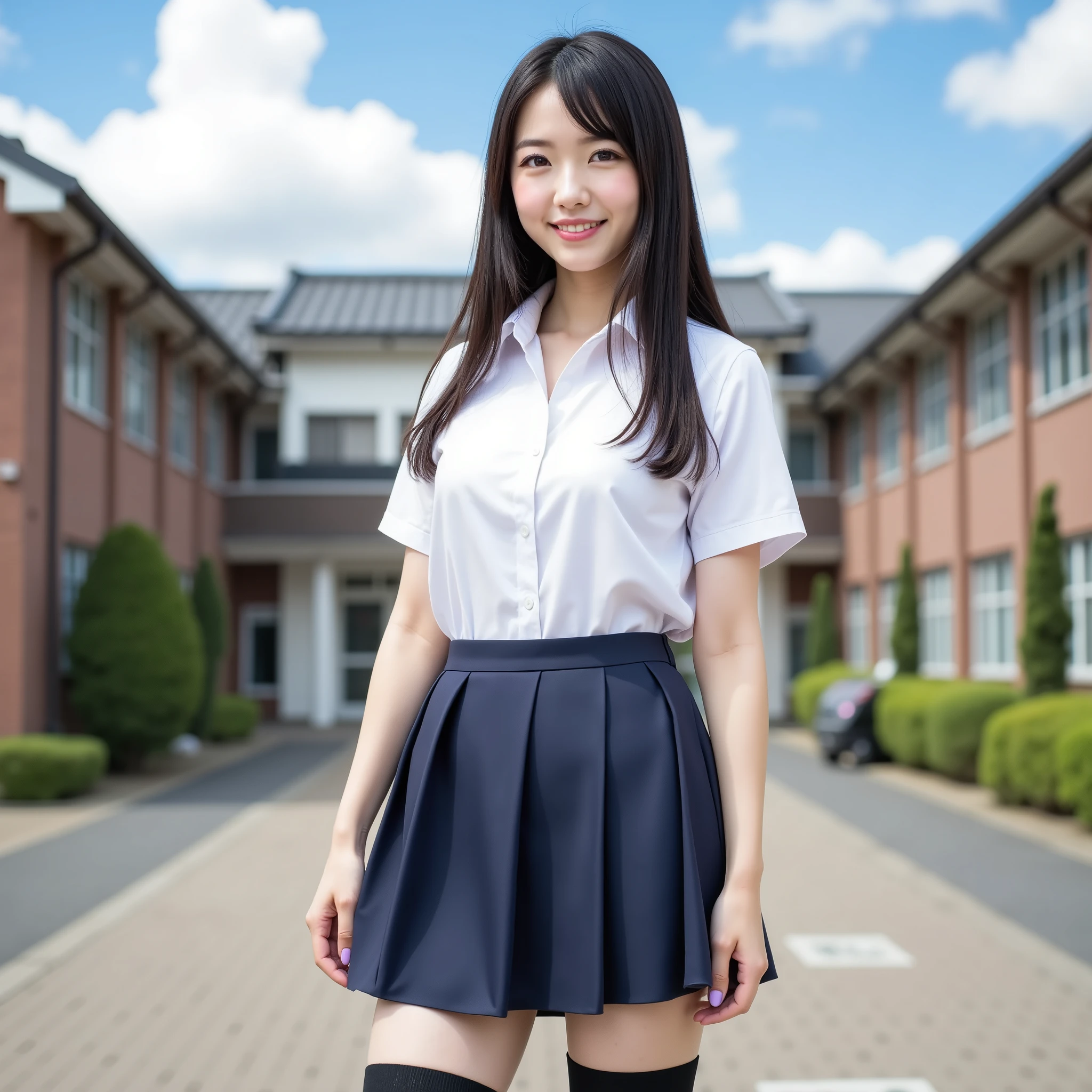 An Alafif Asian woman in a skirt and white shirt is posing for a photo shoot , Japanese school uniform , Japanese high school girl uniform , wearing Japanese school uniform , Young Gravure Idol , realistic Young Gravure Idol , young cute gravure idol , seifuku , cute high school girl , young skinny gravure idol , Japanese model , JK uniform , beautiful Japanese anime high school girl , Smile , Wear Black Thigh High Socks , Wear Loafers , video , , slender with SMG , Full Body , Long Straight Black Hair , purple mouthpiece , purple eyeshadow , open belly button , open belly , miniskirt , Open the skirt , half skirt , open skirt , , split thigh , Look at the thighs , see the inside of the thigh , Look at my belly , full thigh view , see the full right thigh , see the full left thigh , edge focus , eyes closed , Mouth opening , woman with edge , navy blue skirt , one person , I'm wearing high thigh socks , sleeveless ,,break,In the background is the front of the school、 blue sky and clouds、『 1 Japanese:1.3』『raw photo:1.3』top quality:1.aggy 、 narrow waist :1.howing teeth、((40 year old woman))、 No makeup『smiling:1.9』、(((is anatomically correct、perfect anatomy、is anatomically correct指)))、realistic, top quality, super high resolution, RAW photo, (Narrow waist:1.aggy Eyes、Round face outline、