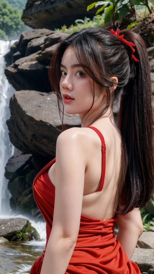 ((masterpiece:1.4)、(top-quality:1.4)、(reallistic:1.7))、Ultra-realistic portrait of the beautiful queen of Mars、Super beautiful girl queen、((1girl in:1.4))、Shiny natural skin texture、(Super Ultra Ultra Bikini:1.4)、(Glossy luxury latex:1.4)、(Luxury Red Latex:1.4)、age19、(Cute tattoos:1.4)、(Looking Back Beauty:1.4)、(Perfect female body:1.4)、(Upper body photography)、foco nítido、Portrait photo of a girl、Close-up photos、Fantasyart、Soft front light、beautiful countenance、Beautiful udder、large full breasts:1.2、Beautiful ass、A detailed eye、 Beautiful and attractive eyes、beautidful eyes、Narrow waist、beauty legs、Raw photo、red-lips、(tiarra:1.4、a choker:1.4、a necklace:1.4、耳Nipple Ring:1.4)、1 screen display、Beautiful girl standing on the ruins of the ancient Martian kingdom