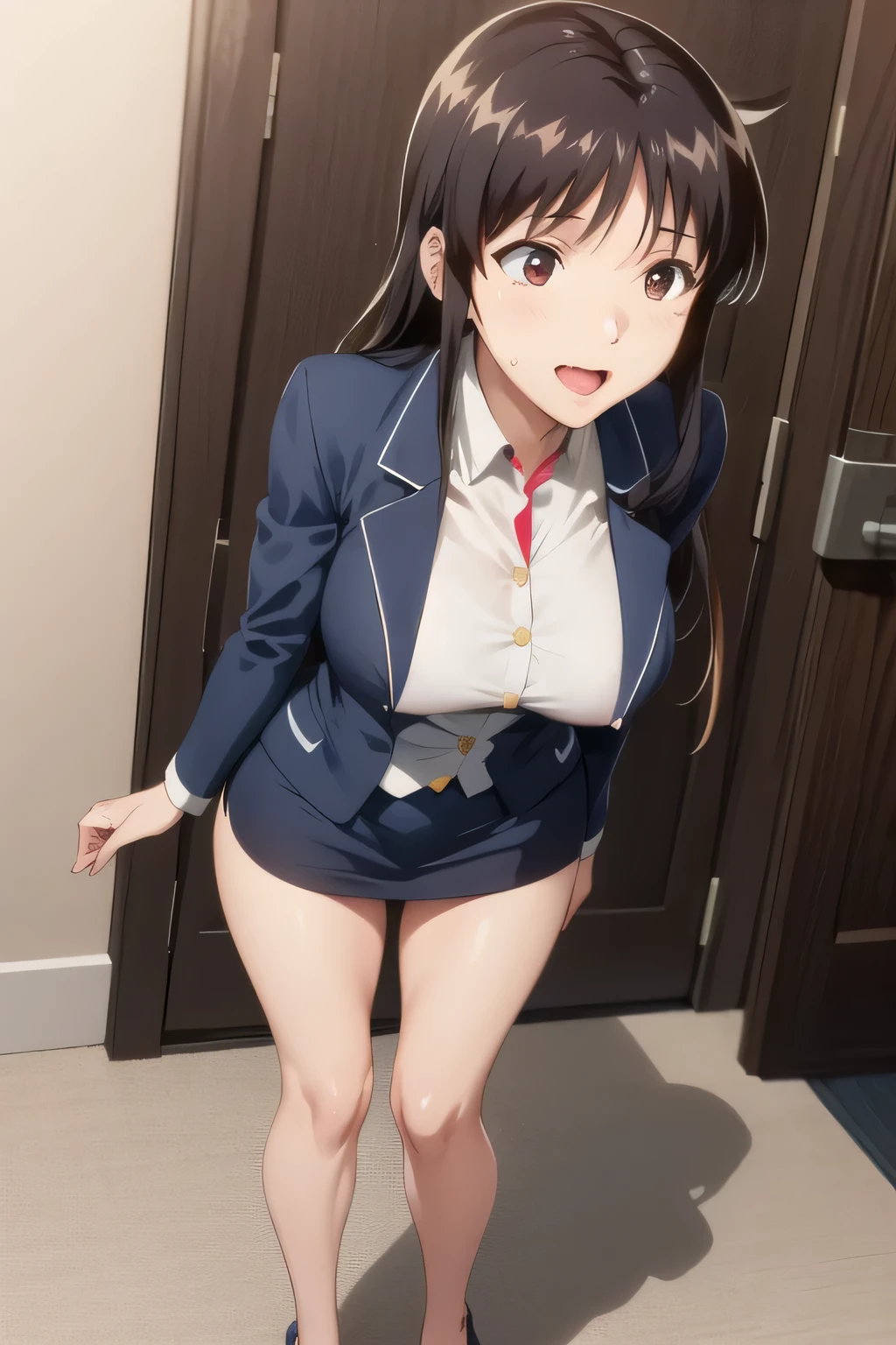 (Masterpiece, top quality, high resolution, realistic photo, realistic looking skin:1.1),
(Woman is squatting with her legs closed with both knees attached to each other inside out: 1.8),
(Woman squatting with her legs close together with both thighs inward: 1.8),
(We are sitting directly in front of her to see her panties: 1.8),
(She is resting her elbows on her knees and resting her cheekbones on her cheekbones: 1.5),
(glimpse of panties:1.5),
(She has a smiling expression on her face:1.5),
(She is wearing a navy blue blazer from her high school uniform:1.5),
(She is wearing a gray mini-skirt of her high school uniform:1.5),
(She is wearing black loafers: 1.5),
(She is wearing baggy socks: 1.5),
(Her panties are white simple cotton:1.5),
(She has brown hair in a medium ponytail:1.5),
(Location: apartment entrance:1.5),
1 Japanese girl, solo, full bodied esbian, beautiful eyes, glowing eyes, glowing thighs, NSFW