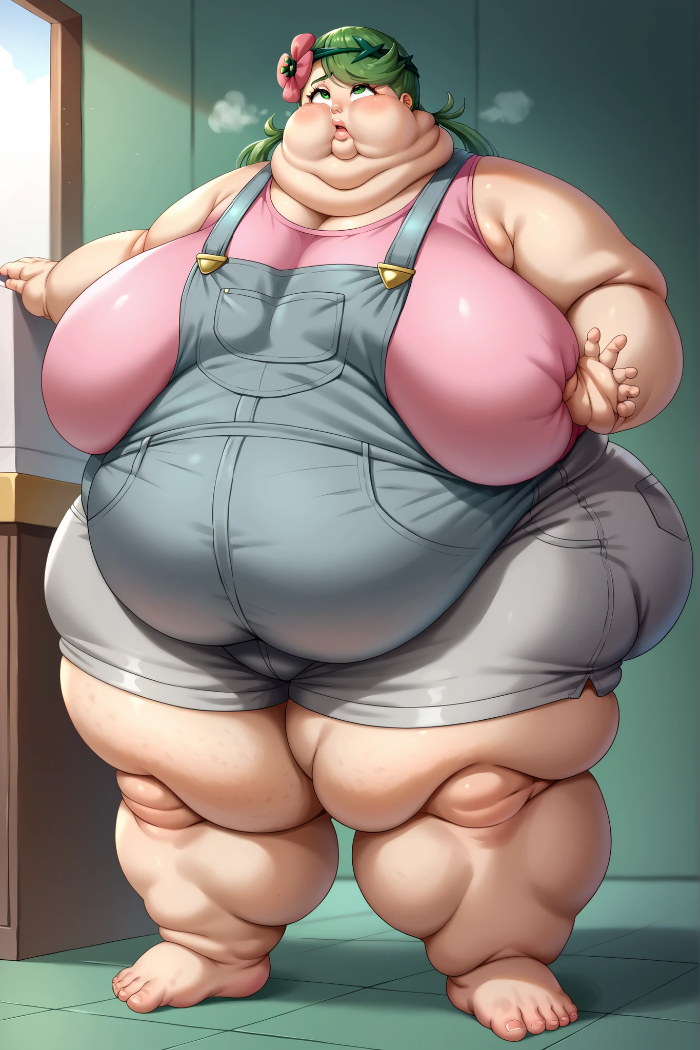 Anime Women, Lady、Forehead、Black Hair、Braid、Glasses、Hanging eyes、Brown eyes、Big Breasts、tall、Denim jumpsuit、sneakers、Sweat、Embarrassed、Exercising