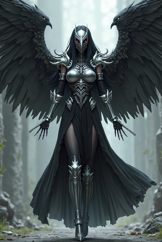 Hellbringers, Dressed in a black robe，Mask carved mysterious pattern，Eyes flashing with cold light，Fingers are long and beautiful，The voice is deep and beautiful，Lead sinful souls to judgment and punishment，Maintain balance and justice in the world, huge breast