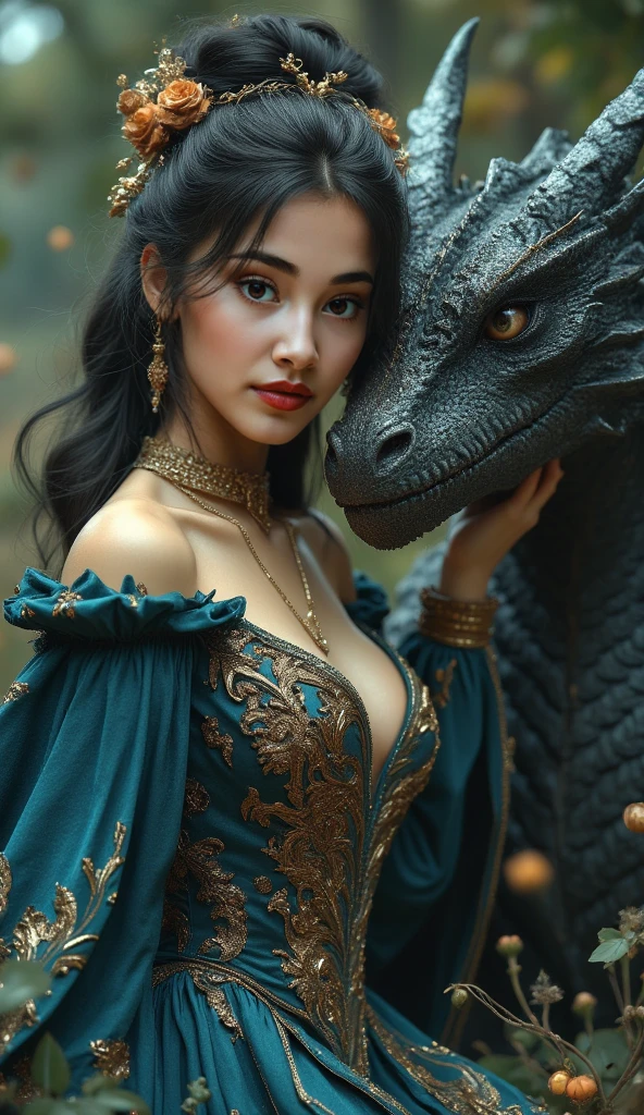 A serpentine black dragon magically transforms into a lovely Malaysian woman (dressed like a Romanian trollop), set in a medieval European village under a full moon. She is a trickster spirit and has seduction to get up too, her dress ACCIDENTALLY drops off how clumsy (show her from head to toe, she hand bra covers herself just enough to be SFW)