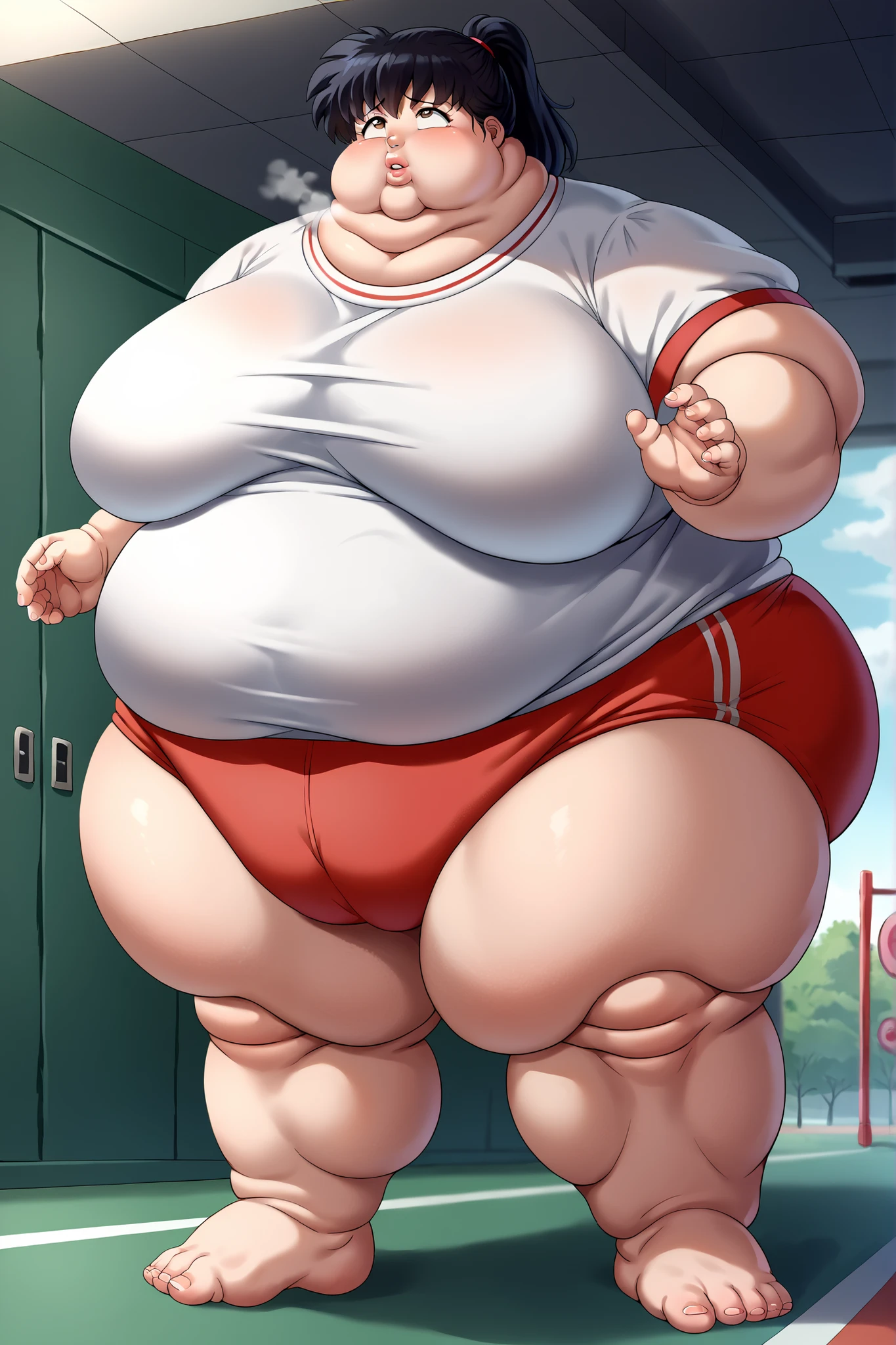 Fat_neck , Fat head , eyes with crushed cheeks , nose with crushed cheeks , mouth with crushed cheeks , chin roll , chubby, obesity, chubby, shortness of breath, Wide angle , Ultra-detailed illustration , masterpiece , top quality, fat, chubby, obese , score_9, score_8_up, score_7_up, score_6_up, score_5_up, score_4_up, BREAK, source_anime, 1girl, kagomehigurashi, bangs, black hair, ponytail, brown eyes, gym uniform, white shirt, red buruma, giant hands, giant feet, fat, chubby, obese, gigantic arms and legs, gigantic breasts, sagging breasts, full body shot, fat face, chubby face, double chins, big lips,