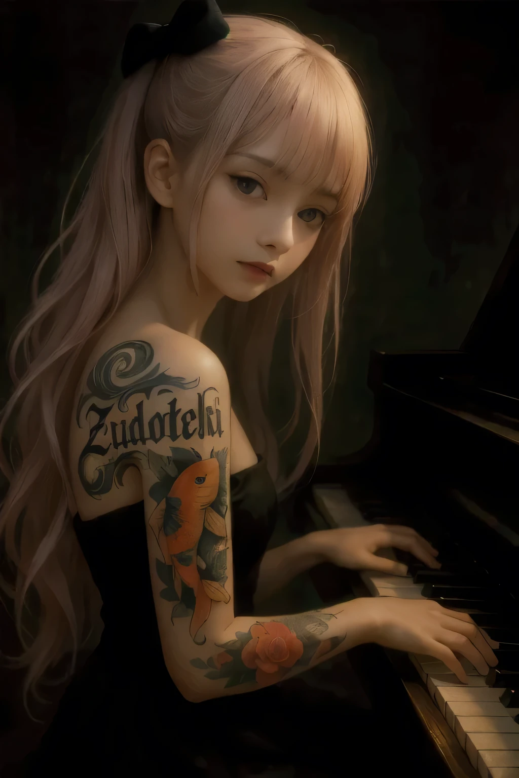 best quality, face focus, soft light, ultra high res, (photorealistic:1.4), RAW photo,
1japanese girl, solo, cute, (pupil, lights in the eyes), detailed beautiful face, (small chest),(high resolution detail of human skin texture),
(long hair),
indoor,
Damask Shirt Dress,
(portrait), tattoo realistis zudoteki kombinasi koi, kualitas 8k,